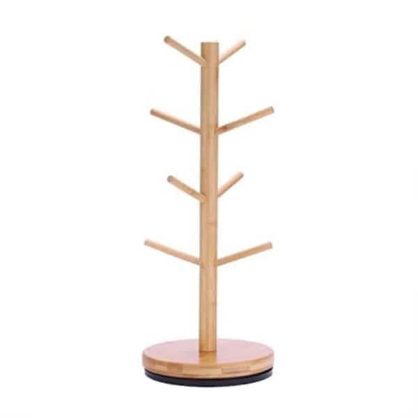 Upgraded 8-Hook 360° Rotated Bamboo Finish Mug Tree Space-Saving Countertop Coffee Mug Holder Stand Organizer