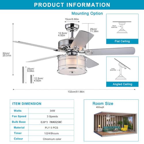 52 in. Indoor Chrome Ceiling Fan with Drum Lampshade, 2-Color-Option Blades and Remote Included Ceiling Fans With Lights