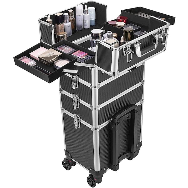 VIVOHOME 4 in 1 Aluminum Cosmetic Organizer Box with Shoulder Straps in Black