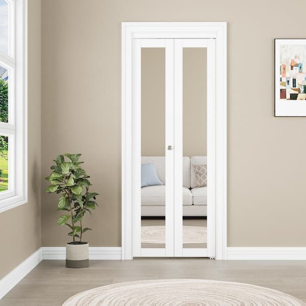 30 in. x 96 in. 1-Lite Mirrored Glass and Solid Core White Finished MDF Interior Closet Bi-fold Door with Hardware