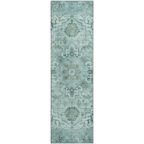Mayfield Premium Machine Washable Abstract AMF2164 Teal 2 ft. x 7 ft. Runner Rug