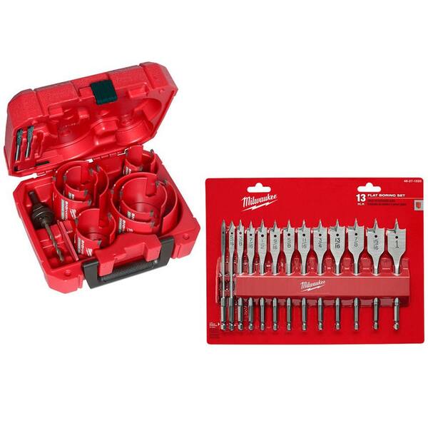 Milwaukee BIG HAWG Carbide Hole Saw Kit (10Piece) with High Speed Wood Spade Bit Set (13Piece