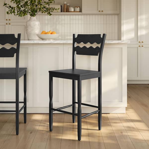 Jax Vintage Inspired 47 in. H Oak Wood Bar Stool With Wavy Razor Back in Black