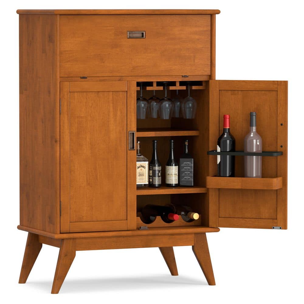 Draper Solid Hardwood Mid Century Modern 32 in. Wide Bar Cabinet in Teak Brown