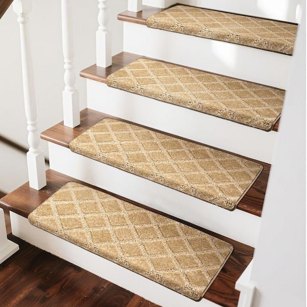 Bullnose Khaki Diamond Trellis 9.5 in. x 30 in. x 1.2 in.Polypropylene Carpet Stair Tread Cover Indoor Rug Mat Set of 12