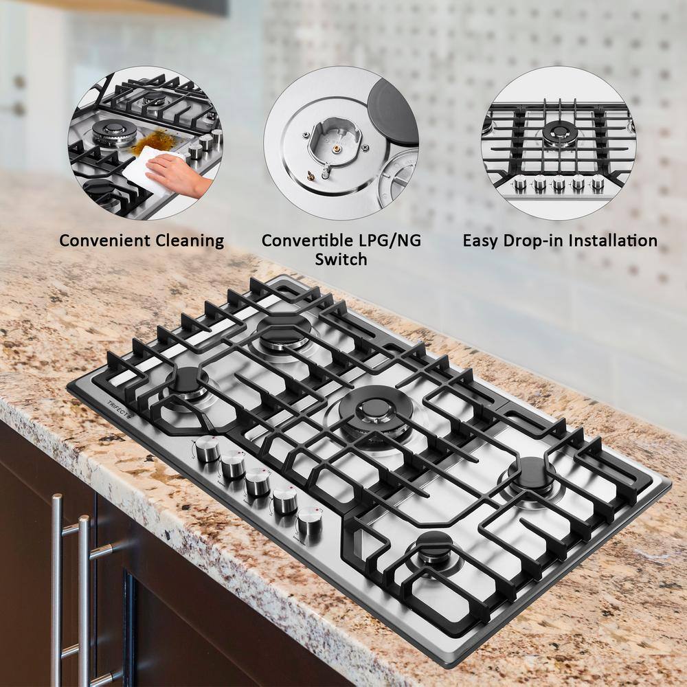 36-Inch Stainless Steel 5-Burner Gas Cooktop with Cast Iron Griddle
