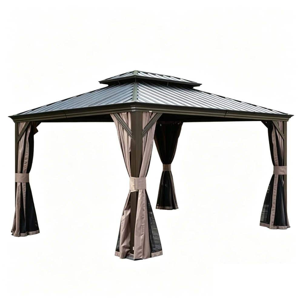 10 ft. x 13 ft. Brown Galvanized Steel Hardtop Outdoor Double Roof Gazebo with Netting and Curtains price history on PriceWatchPro