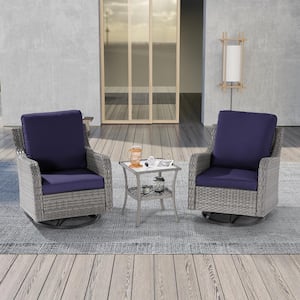 3-Piece Gray Wicker Patio Swivel Rocking Bistro Set with Side Table, Navy Blue Cushion