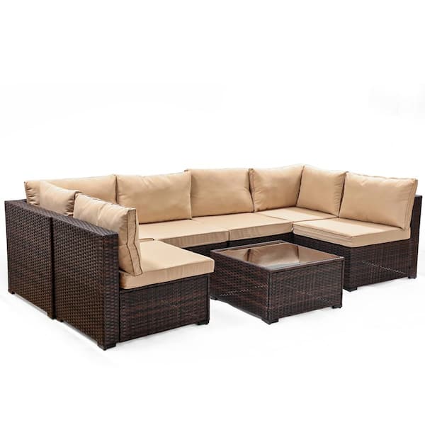 Cisvio Brown 7-Piece Wicker Outdoor Patio Sectional Sofa with Glass Table and Khaki Cushions