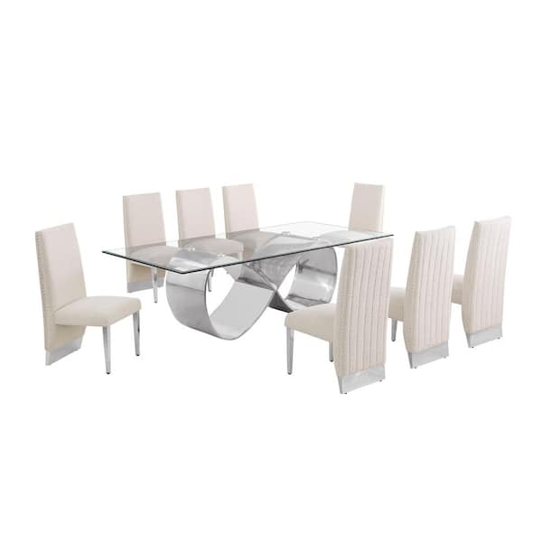 Celia 9-Piece Clear Tempered Glass Top with Stainless Steel Base Dining Set with 8-Cream Chairs