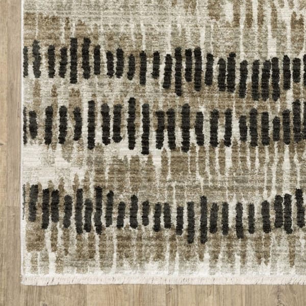 HomeRoots Beige Ivory Charcoal Brown Tan and Grey Abstract 2 ft. x 8 ft. Power Loom Stain Resistant Fringe with Runner Rug