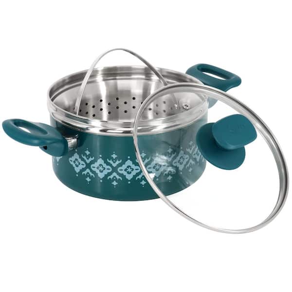 Spice BY TIA MOWRY Savory Saffron 3 qt. Nonstick Aluminum Dutch Oven with Stainless Steel Steamer and Lid in Teal