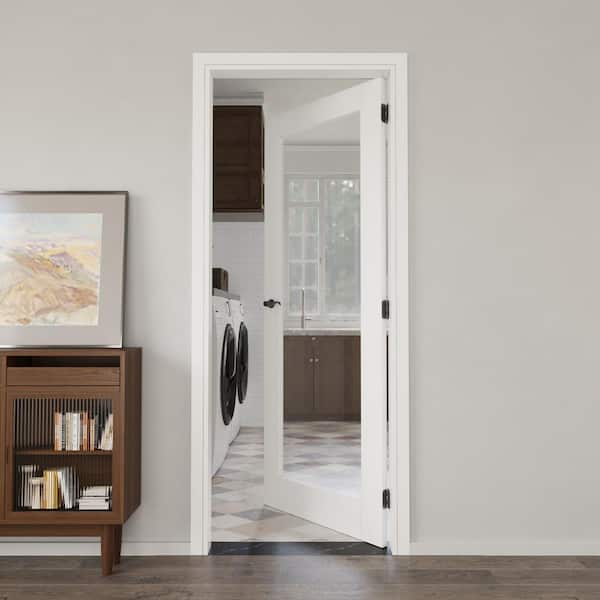 30 in. x 80 in. Solid Core 1-Lite Tempered Clear Glass White Primed MDF Interior Door Slab