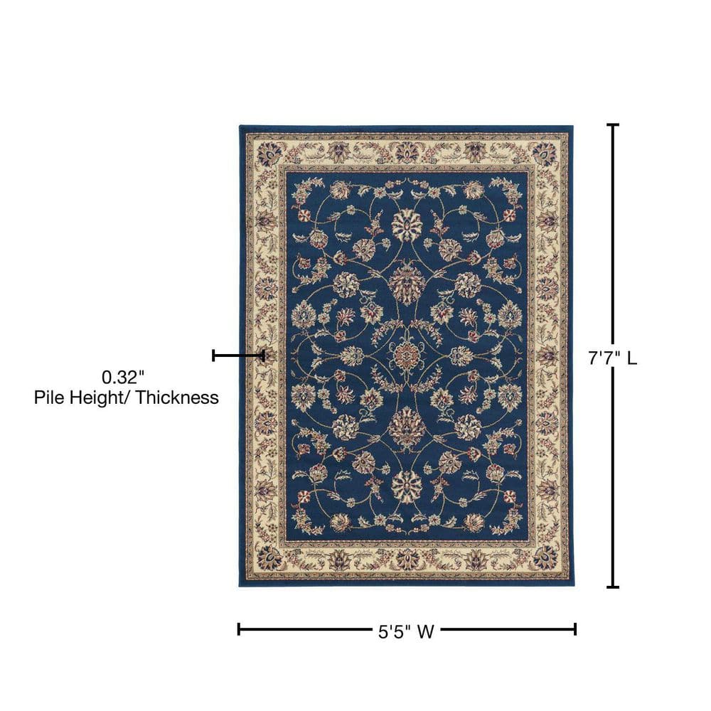 Easy Care Deep Blue Floral Border 5' x 7' Synthetic Area Rug