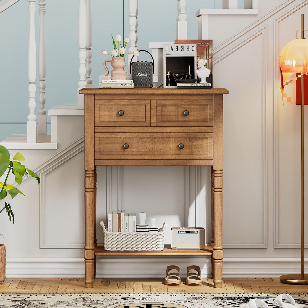 23.7 in. H Natural Rectangle Wood Console Table,Narrow End Table,Slim Sofa 