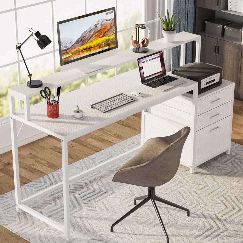 White Wood 63" Computer Desk with Drawers and Filing Cabinet