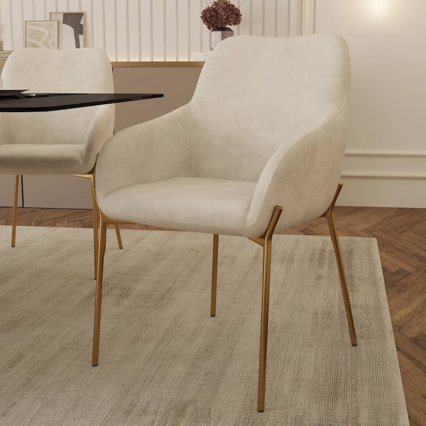 Leisuremod Zaire Dining Chair Upholstered in Velvet With Gold Chrome Legs, Beige