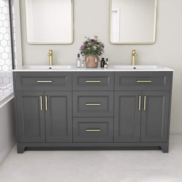 60 in. W x 22 in. D x 34 in. H Double Sink Freestanding Bath Vanity Charcoal Gray with Solid Surface White Top and Basin