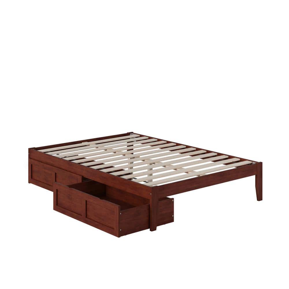 Walnut Full Platform Bed with USB Charger and Storage Drawers