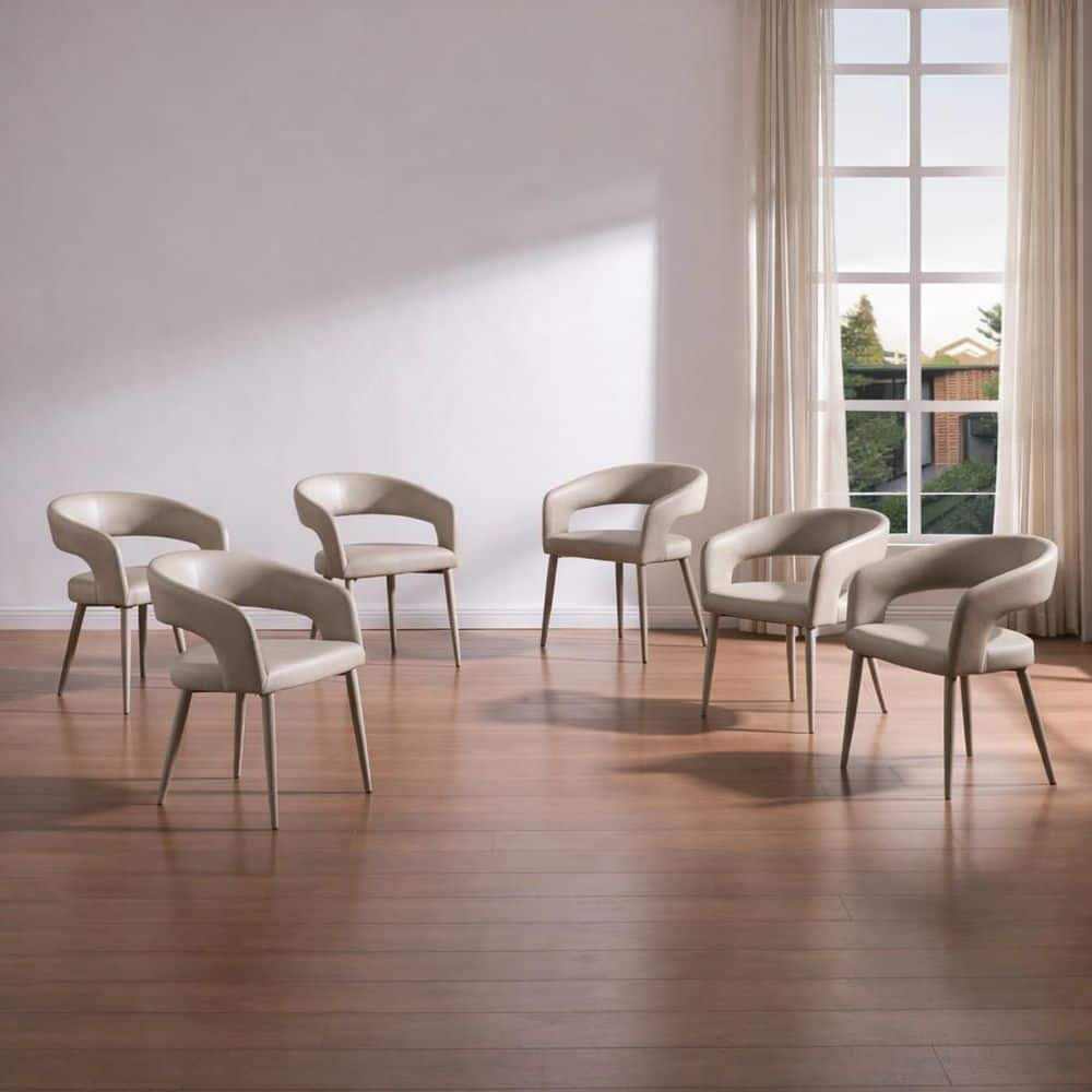 Subtle Luxury Greige Faux Leather Dining Chair with Curved Backrest and Upholstered Seat for Kitchen Set of 6