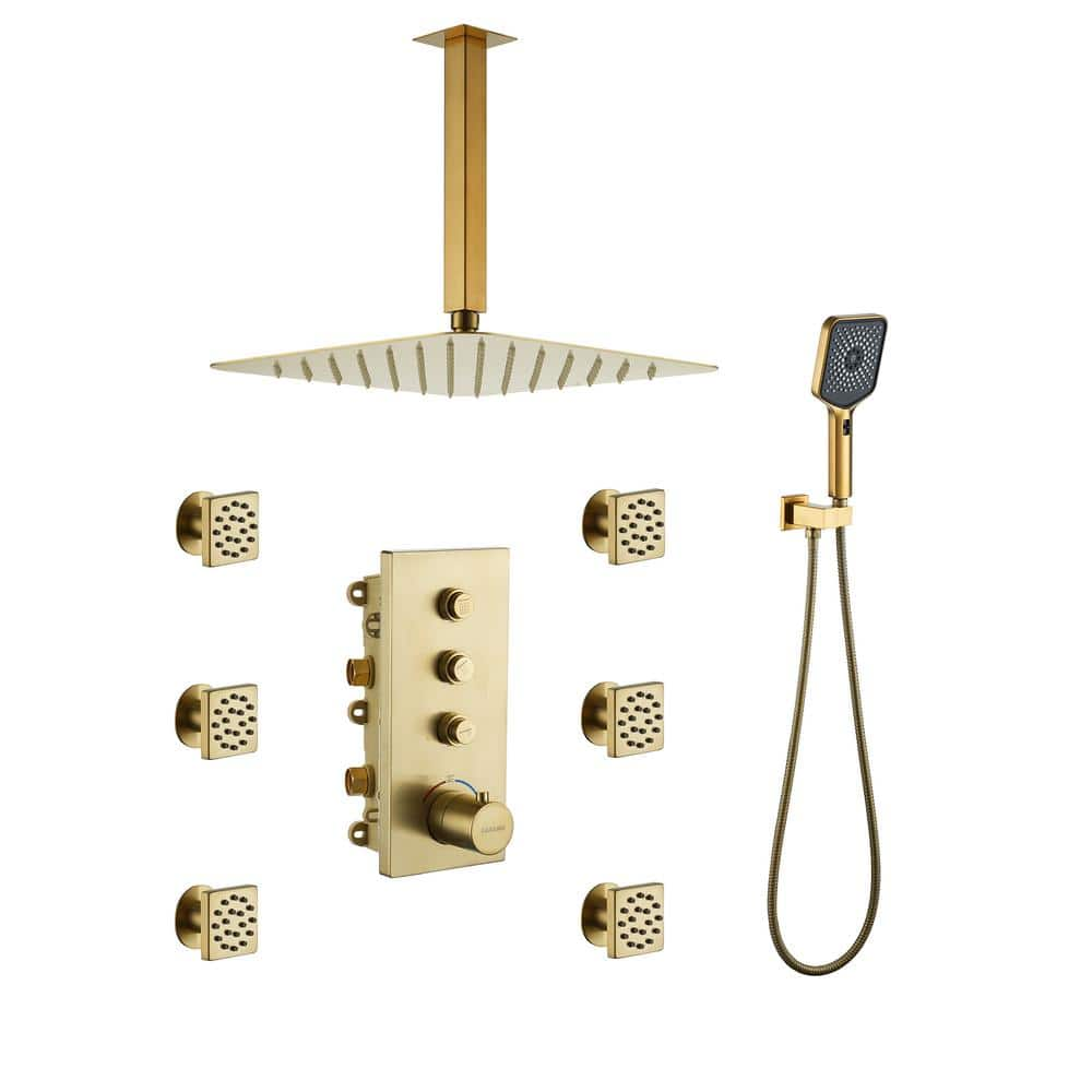 Boyel Living Thermostatic 12 in. 3-Spray Dual Ceiling Mount Fixed and Handheld Shower Head 1.8 GPM with 6 Body Jets in Brushed Gold