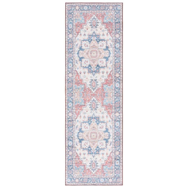 SAFAVIEH Arizona Rust/Blue 3 ft. x 8 ft. Distressed Border Ornate Machine Washable Runner Rug