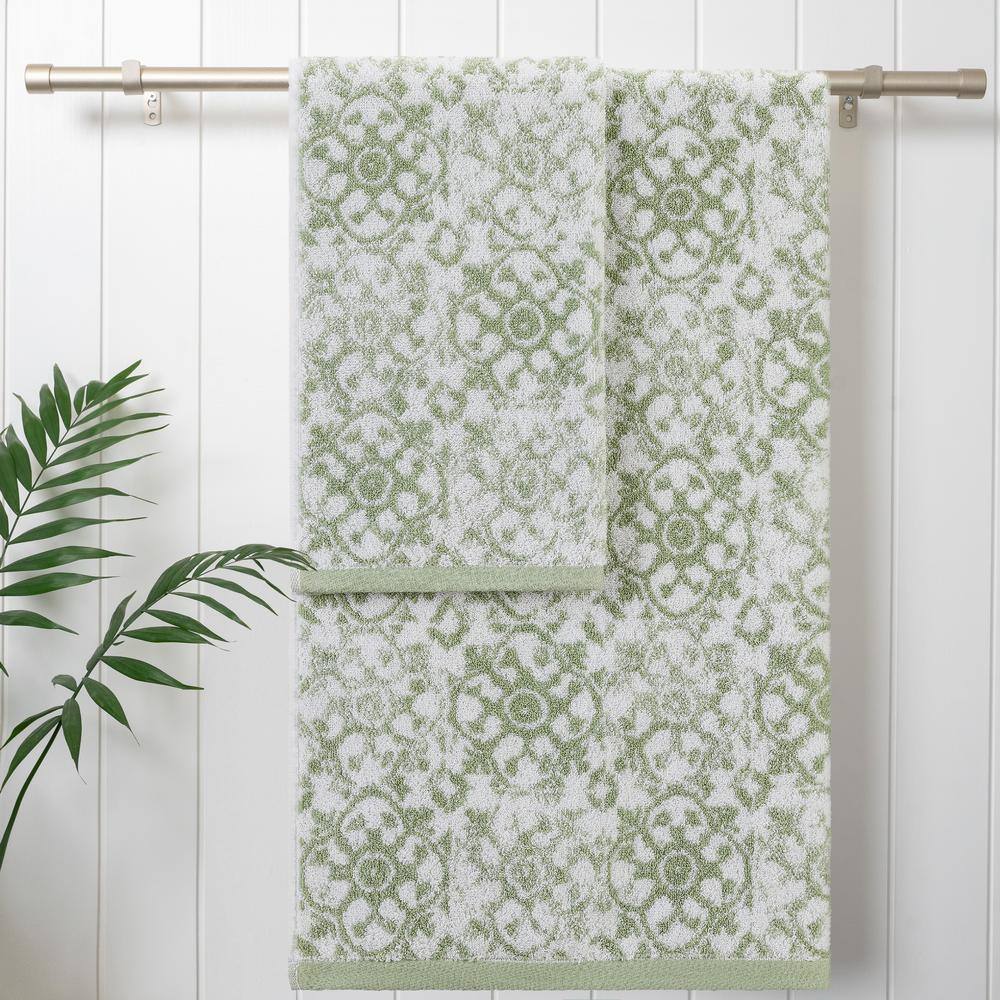 Aziza Frosty Green Cotton Towel Set with Chic Tiled Design