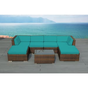 Ohana Mixed Brown 7-Piece Wicker Patio Seating Set with Supercrylic Turquoise Cushions
