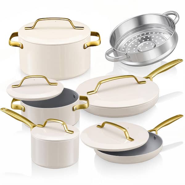 Modern 11-Piece Aluminum Ultra Performance Ceramic Nonstick Cookware Set in Cream