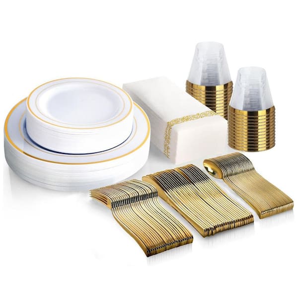 Adrinfly Gold Disposable Dinnerware Set - 175-Piece Plastic Plates, Silverware, Cups, Napkins