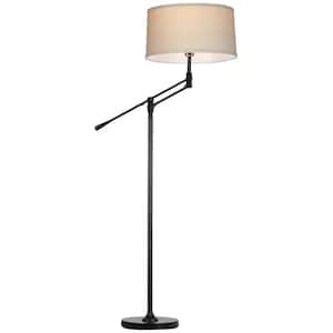 Ava 61 in. Classic Black Mid-Century Modern 1-Light Height Adjustable LED Floor Lamp with Beige Fabric Drum Shade