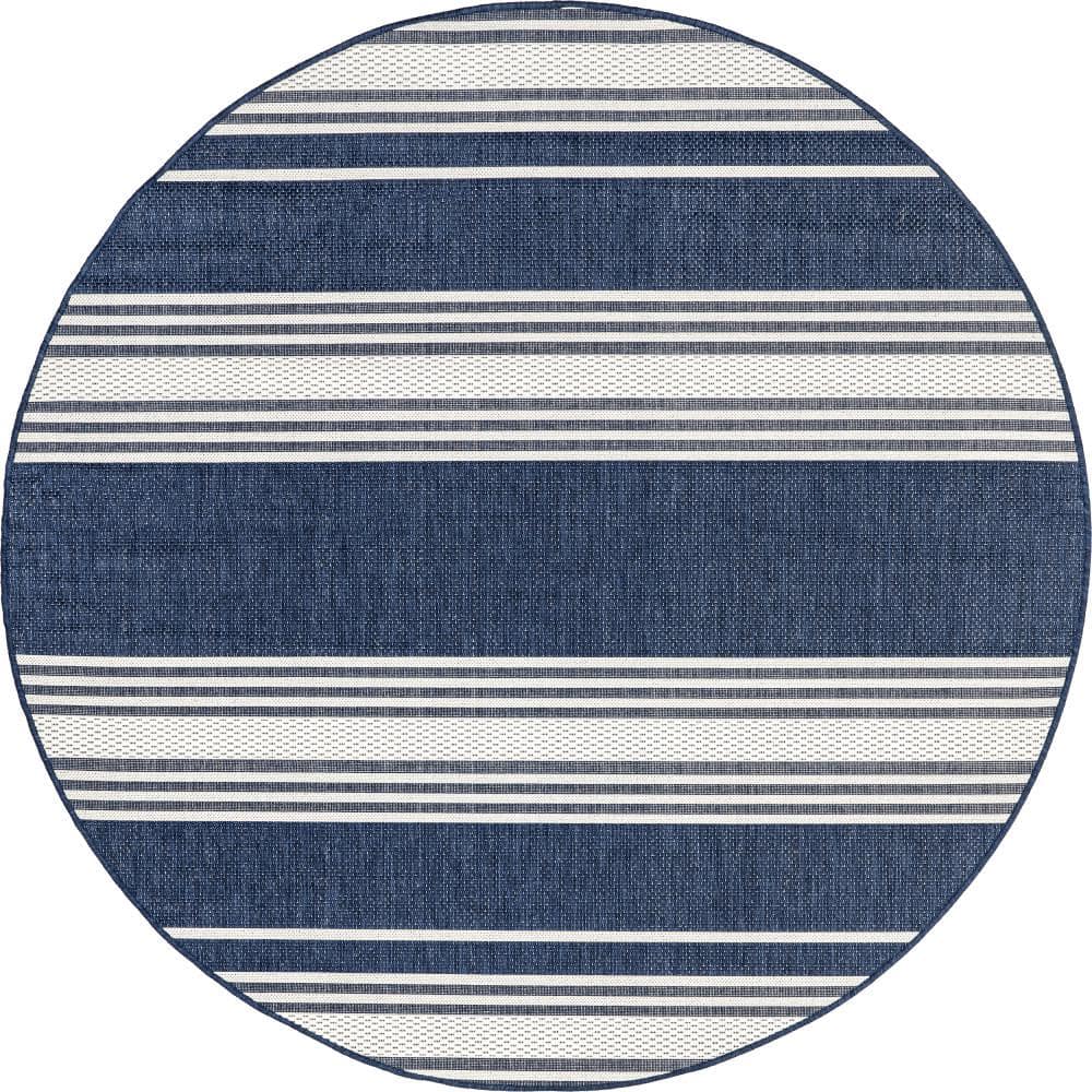 Navy and White Round Synthetic Striped Area Rug, 6' 7"