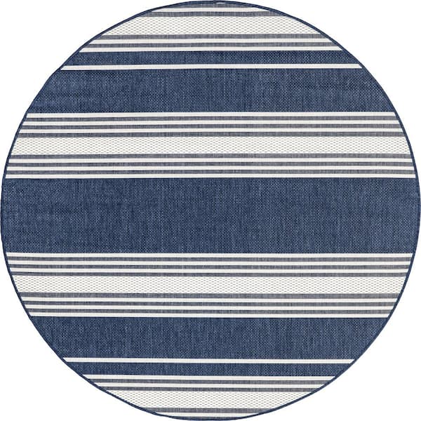 Romy Striped Indoor/Outdoor Navy 6 ft. 7 in. Round Transitional Area Rug