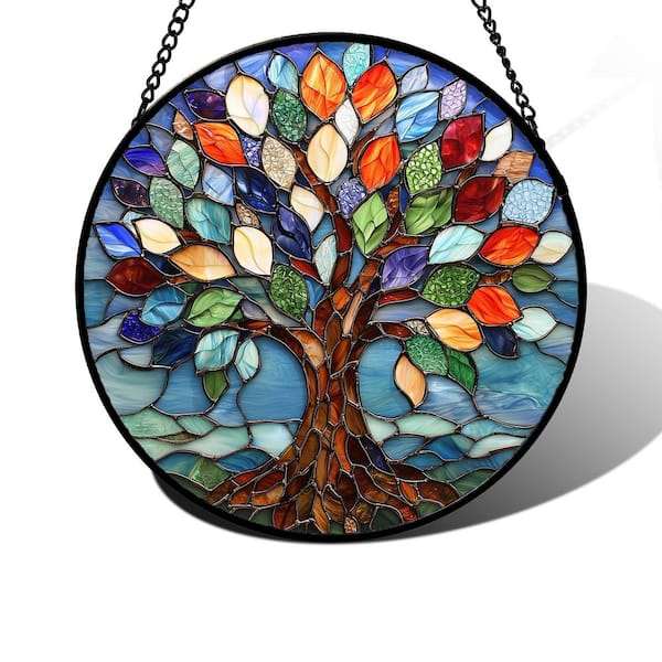 9.8 in. Stained Glass Sun Catcher, Blue Tree of Life Window Hanging with Metal Frame for Home Decor and Gifts