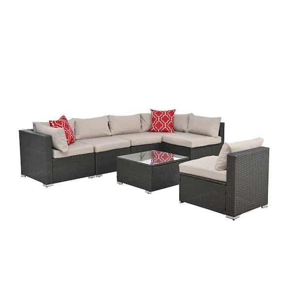 Unbranded 7-Piece Wicker Outdoor Conversation Set with Beige Cushion and Coffee Table