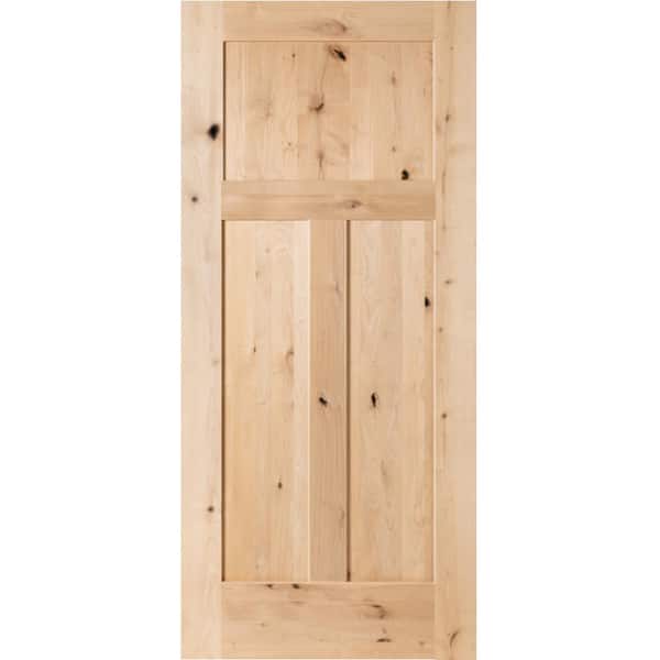 28 in. x 80 in. Krosswood Craftsman 3-Panel Shaker Solid Wood Core Rustic Knotty Alder Interior Door Slab