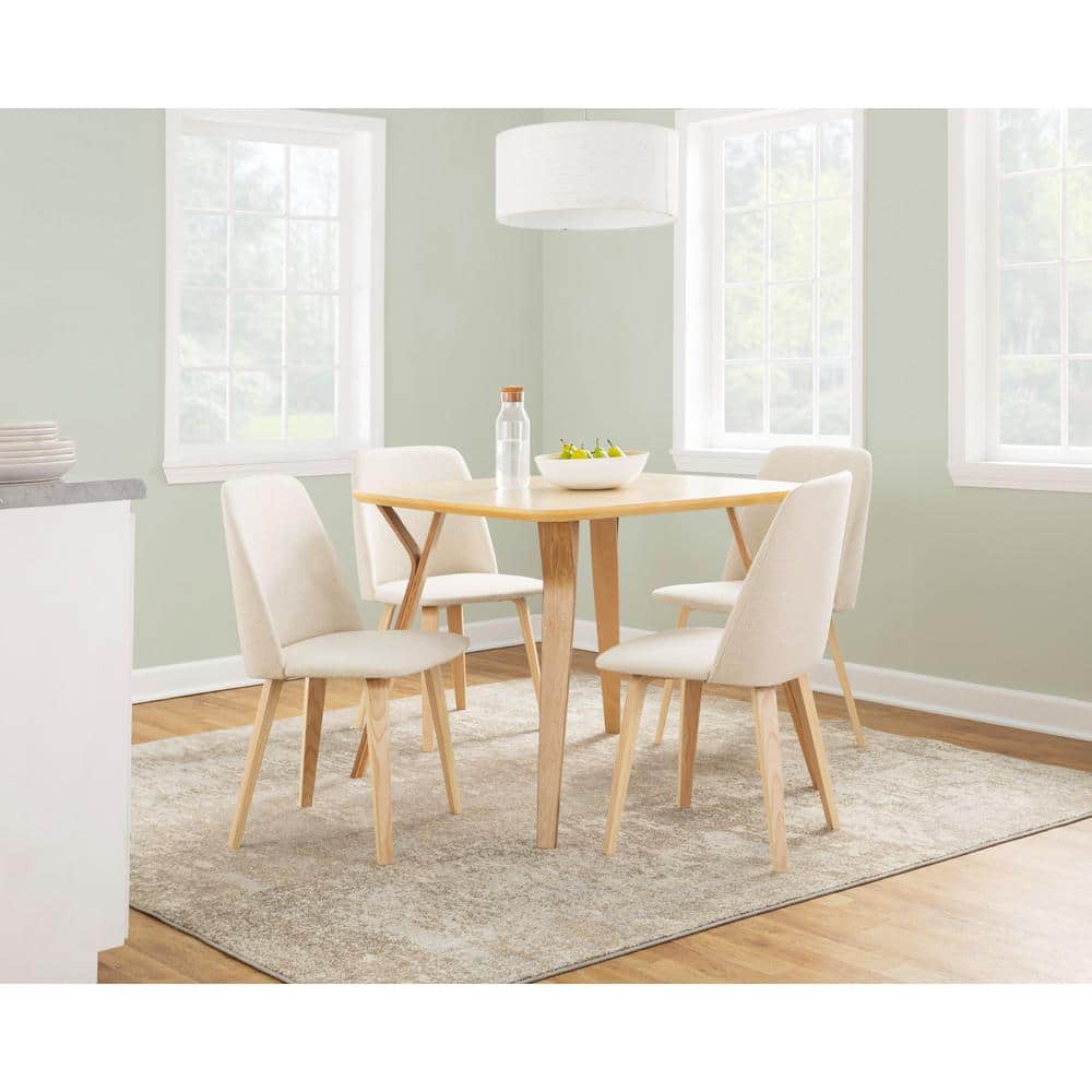 Cream Upholstered Faux Leather Side Chair with Natural Wood Legs
