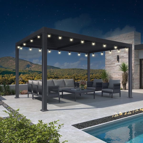 PURPLE LEAF 10 ft. x 14 ft. Gray Aluminum Patio Louvered Pergola Hardtop Gazebo with Adjustable Sunshade Roof and String Lights