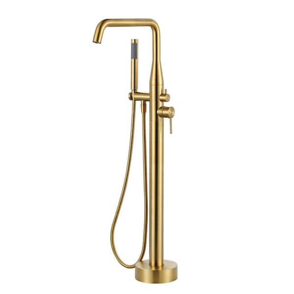 2-Handle Freestanding Tub Faucet with Hand Shower in Brushed Gold