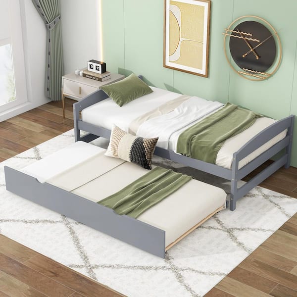 Gray Wood Frame Twin Platform Bed with Trundle