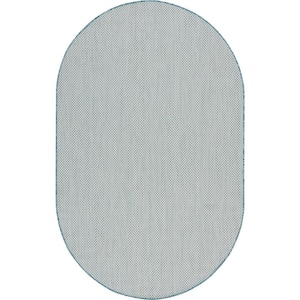Courtyard Ivory/Aqua 5 ft. x 8 ft. Oval Solid Geometric Contemporary Indoor/Outdoor Area Rug