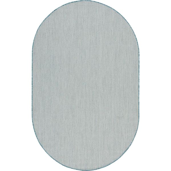 Nourison Courtyard Ivory/Aqua 5 ft. x 8 ft. Oval Solid Geometric Contemporary Indoor/Outdoor Area Rug