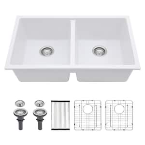 33 in. Undermount White Quartz Composite Double Bowl Kitchen Sink with Bottom Grids and Strainer