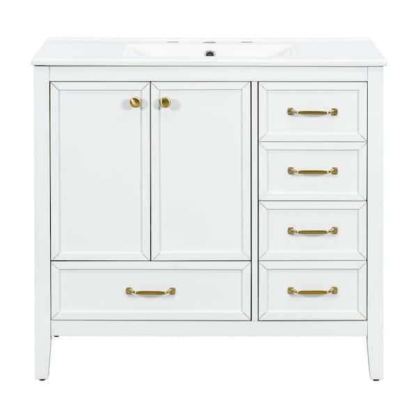 36 in. Freestanding White Bath Vanity with Ceramic Top Sink and 4 Drawers