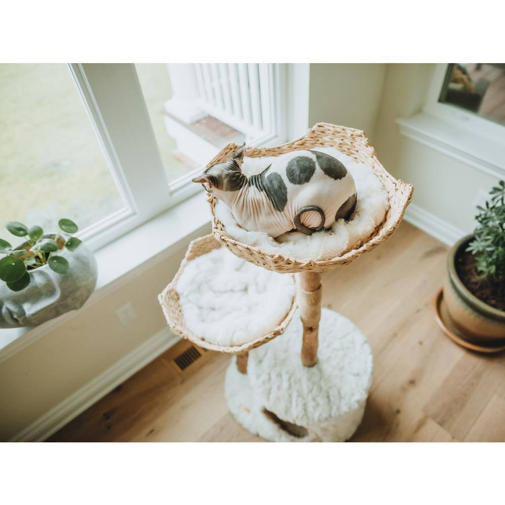 Cento 46" White and Natural Wood Cat Tree with Woven Baskets