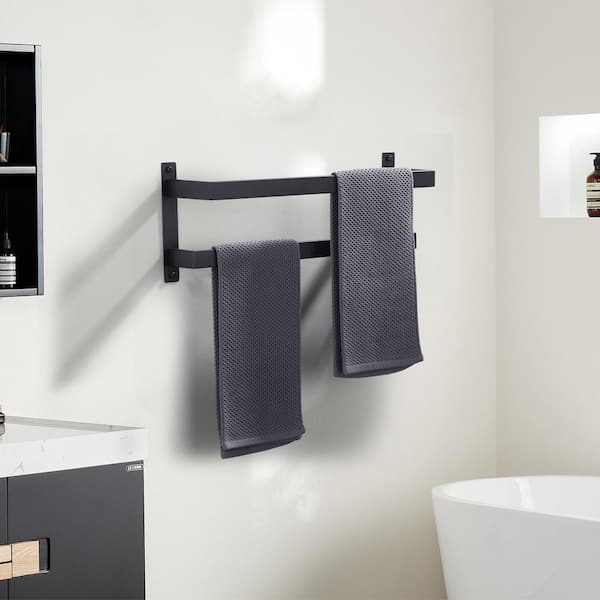 20 in. Square Double Staggered Wall Mounted Towel Rack, Stainless Steel Towel Bars in Matte Black