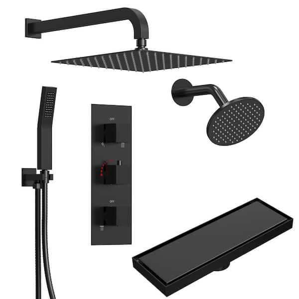 3 Handle 5-Spray Shower Faucet 2.5 GPM with Shower Drain, High Pressure, Anti Scald, Thermostatic Valve in Matte Black