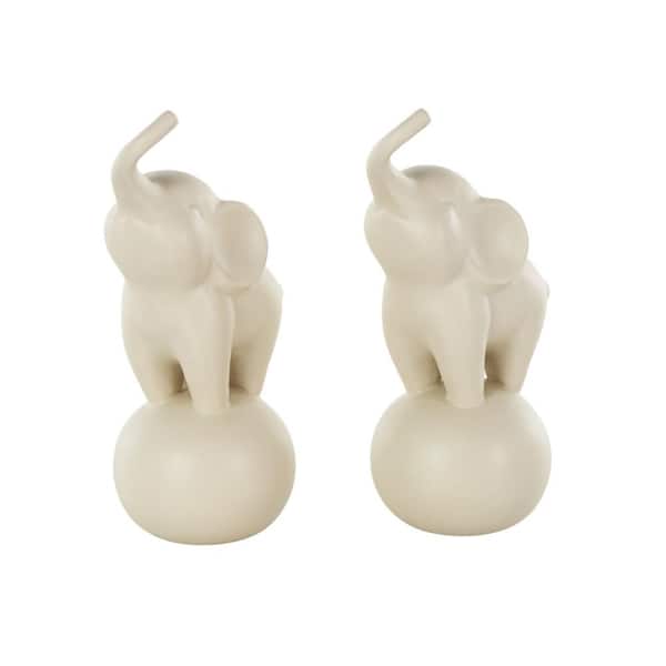 Litton Lane White 6 in. x 11 in. Ceramic Trumpeting Elephant Sculpture with Round Base (Set of 2)