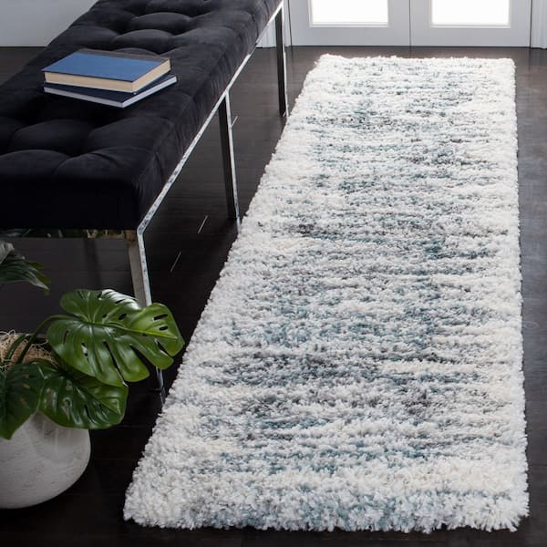 Fontana Shag 2 ft. x 14 ft. Ivory/Teal Distressed Striped Runner Rug