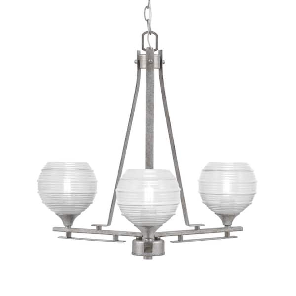 Unbranded Ontario 19.25 in. 3-Light Aged Silver Geometric Chandelier for Dinning Room with Clear Ribbed Shades, No Bulbs Included